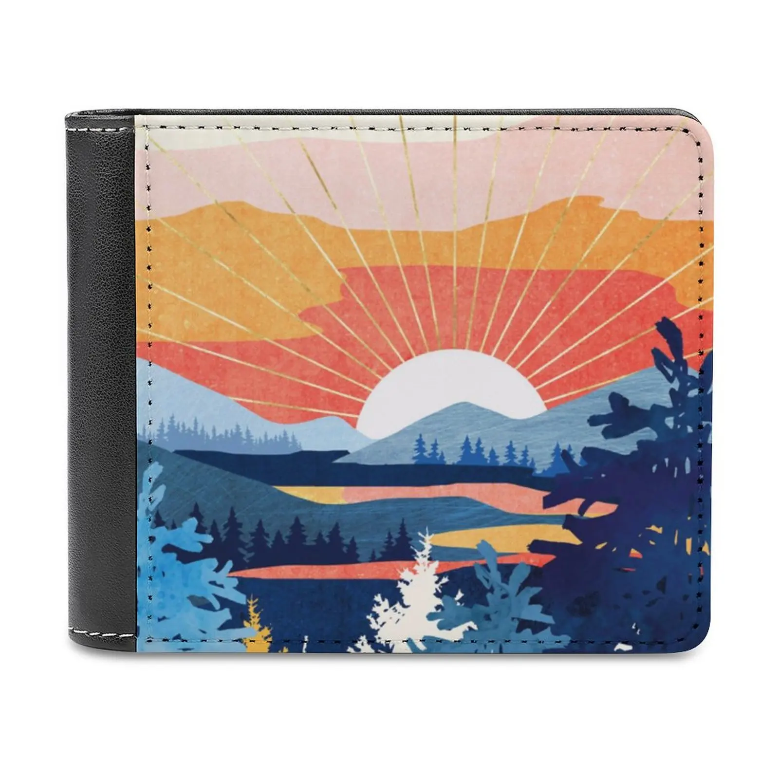 

Sunset Lake Leather Wallet Men's Wallet Purse Money Clips Sunset Lake Sun Water Nature Landscape Mountains Trees Forest