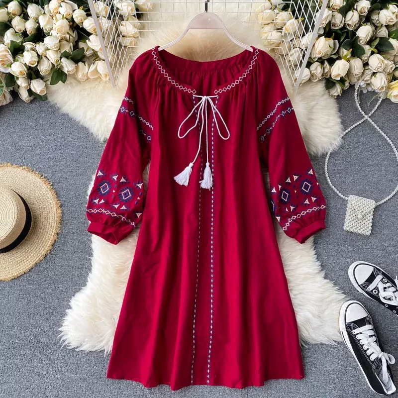 

Bohemian Embroidery Mini Dress Spring O Neck Drawstring Puff Long Sleeve Loose Vestidos Casual Red/White Robe Femme New 2022