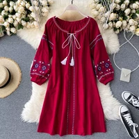 bohemian embroidery mini dress spring o neck drawstring puff long sleeve loose vestidos casual redwhite robe femme new 2022