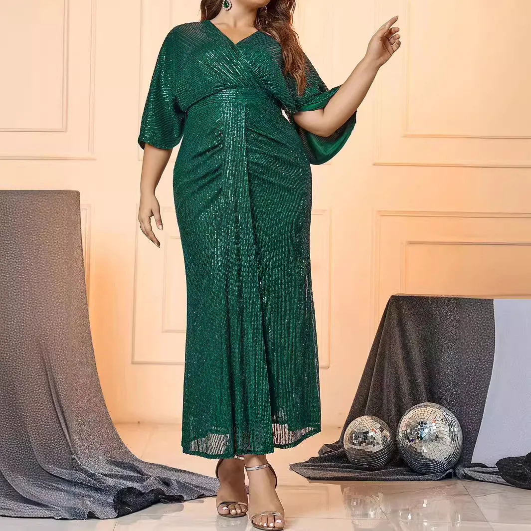 Sequin Slim Plus Size High Waist Long Evening Dress Green