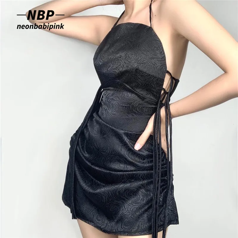 

NEONBABIPINK красные черные атласные мини-платья с лямкой на шее для женщин 2022 летняя винтажная одежда пикантное Клубное платье для вечеринки
