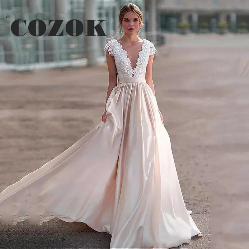 

A Line Simple V Neck Lace Appliques Wedding Dress For Women Satin Sweep Train Cap Sleeve Bridal Gown Robe De Mariée Custom M33Q