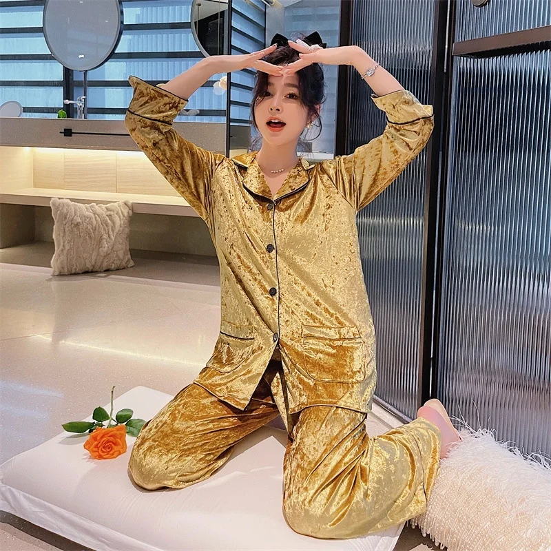 

Lisacmvpnel Autumn Winter Golden Velvet Pajamas Women's Solid Simple Pajama Velvet Home Clothes Korean Version Fashion Sleepwear