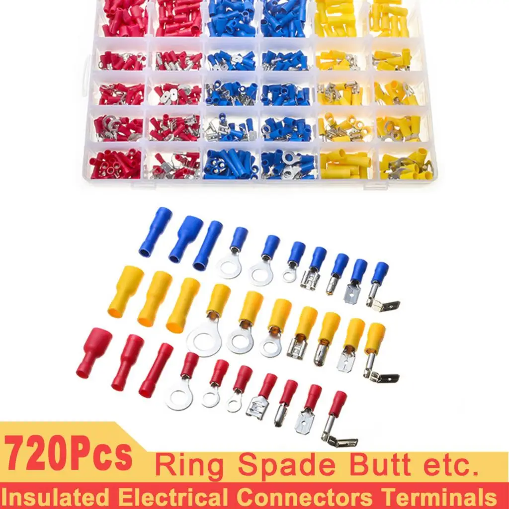 

720pcs Wire Connectors Insulated Electrical Terminals Ring Fork Spade Butt Kit Crimp Assorted Wiring Terminals With Case Car RV