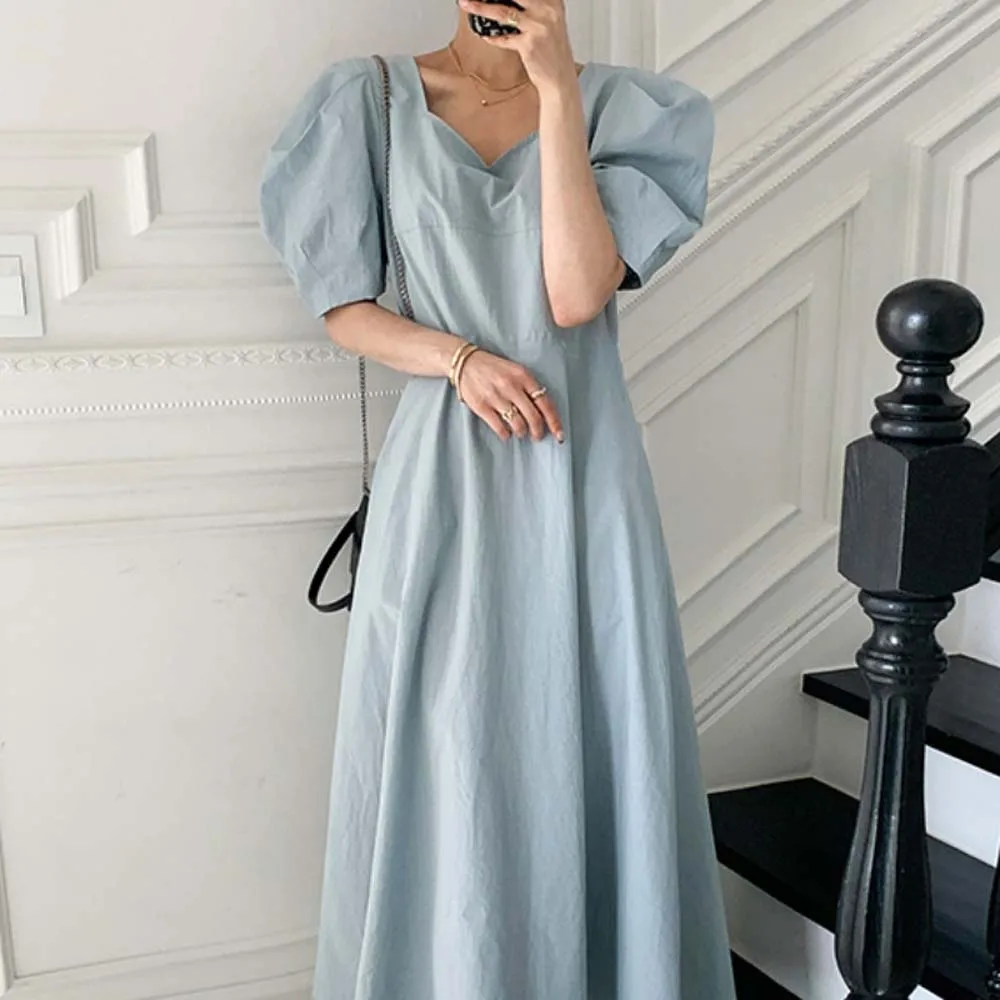

Fashion Women Dress Solid Color Short Sleeve V-neck Pullover Loose Korea Japan Style Elegant Chic Ladies Leisure Summer Dress