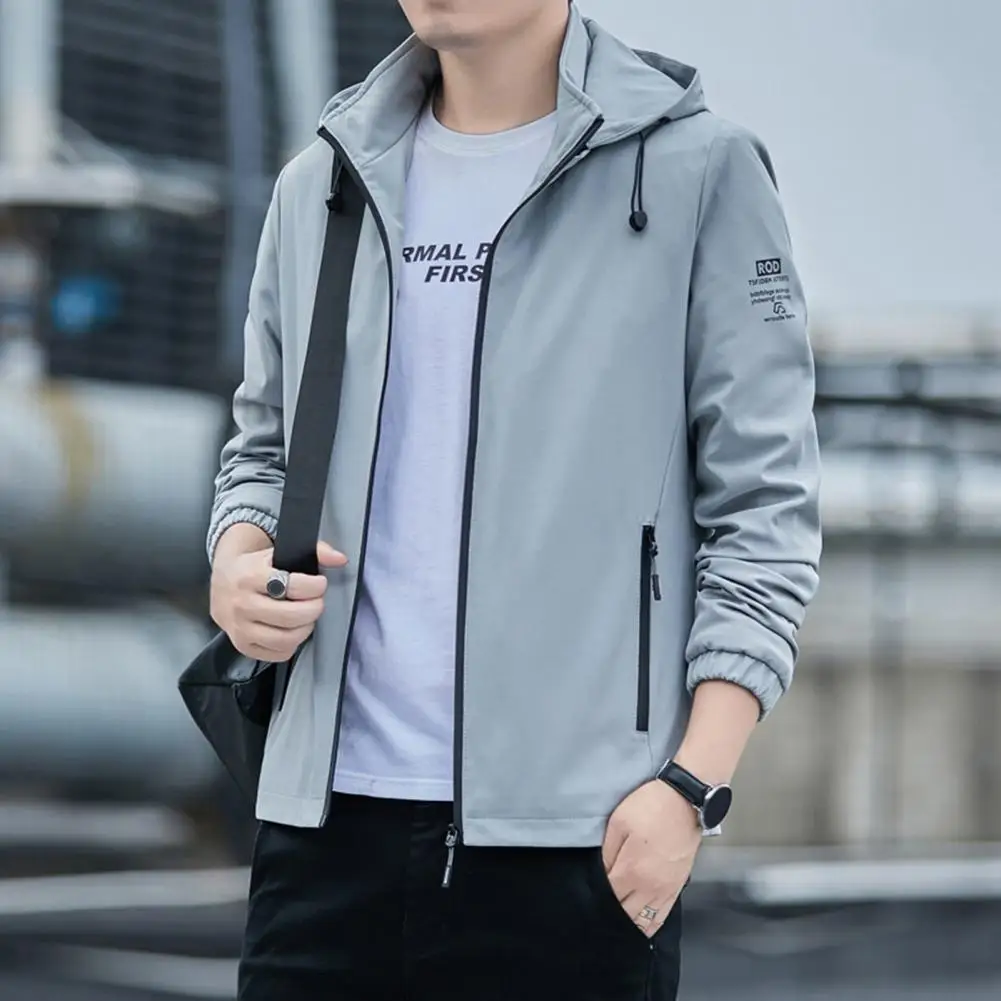 

Men Jacket Detachable Hood Male Windbreaker Secure Zipper Pocket Autumn Coat Three-dimensional Design Elastic Cuffs Outerwear