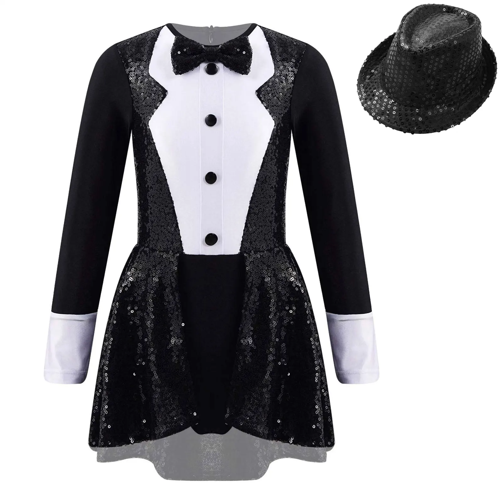 

Kid Girl Circus Ringmaster Cosplay Costumes Halloween Showman Long Sleeve Jumpsuit Skirted Bow Tie Hat Role Play Circus Bodysuit