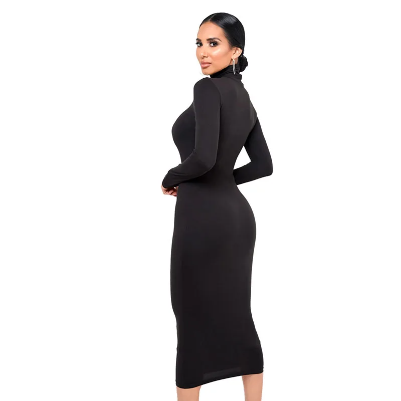 Winter Black Turtleneck Sexy Women Dress Autumn Long Sleeve Skinny Casual Blue Plush Knee-Length Party Club Arm Skirt