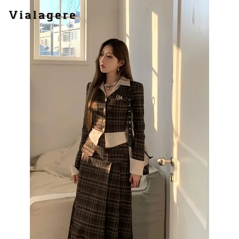 

Женский винтажный комплект из двух предметов, элегантный клетчатый Топ с длинным рукавом и юбка-трапеция в стиле ретро, зима 2023