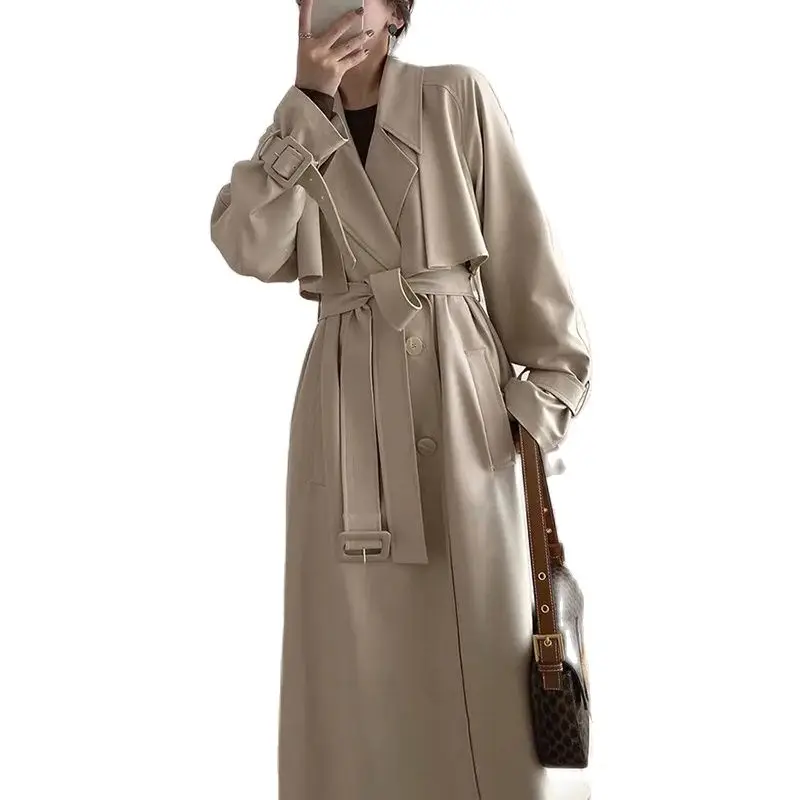 

2023 Fashion Autumn Trench Coat For Women X-Long Overcoat Apricot Double-breasted Windbreaker Elegant Lady Trench Coat Outerwear