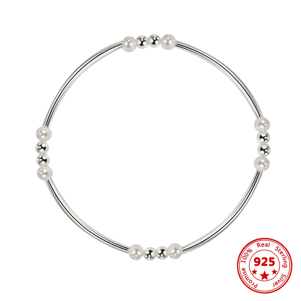 

100% 925 Sterling Silver Pearl Bracelet Stretch Rope Light Bead Round Bead Bracelet Jewelry Women's Anniversary Party Gift