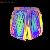 spring summer female rainbow hot shorts jogger drawstring botton elastic waist hip hop women reflective shorts with pockets 2022