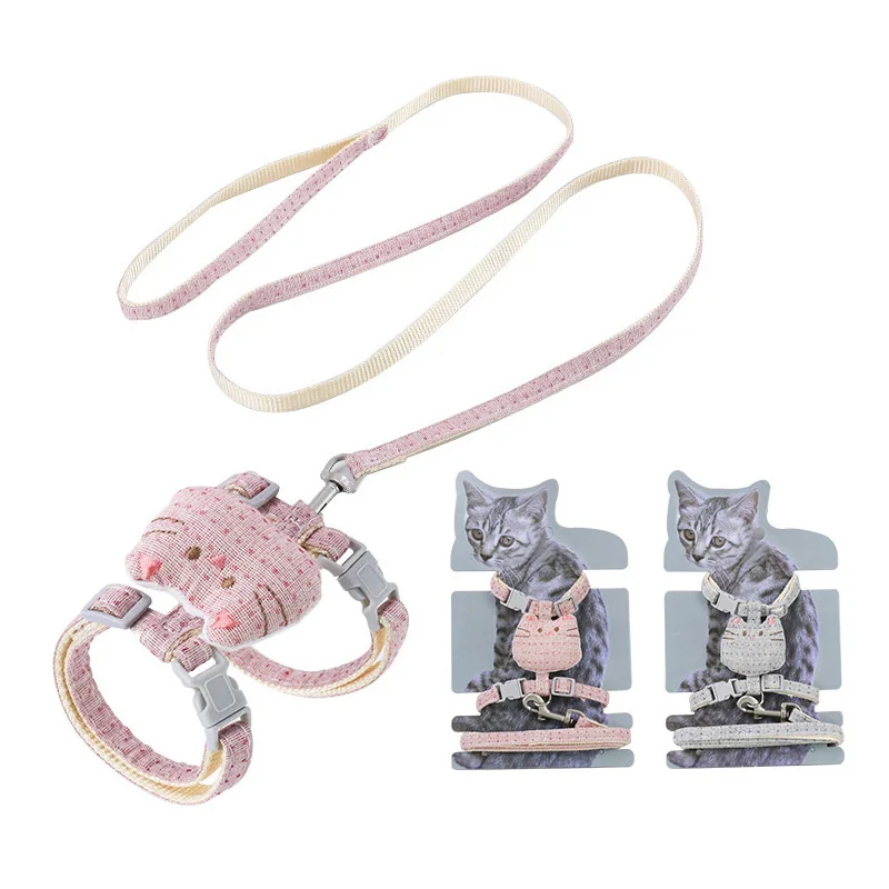 

115cm One Size Cats Collar Leash Set Double Anti-Slip Walking Harness for Pets Cat Head Decorate I Shaped Pet Dog Accessories