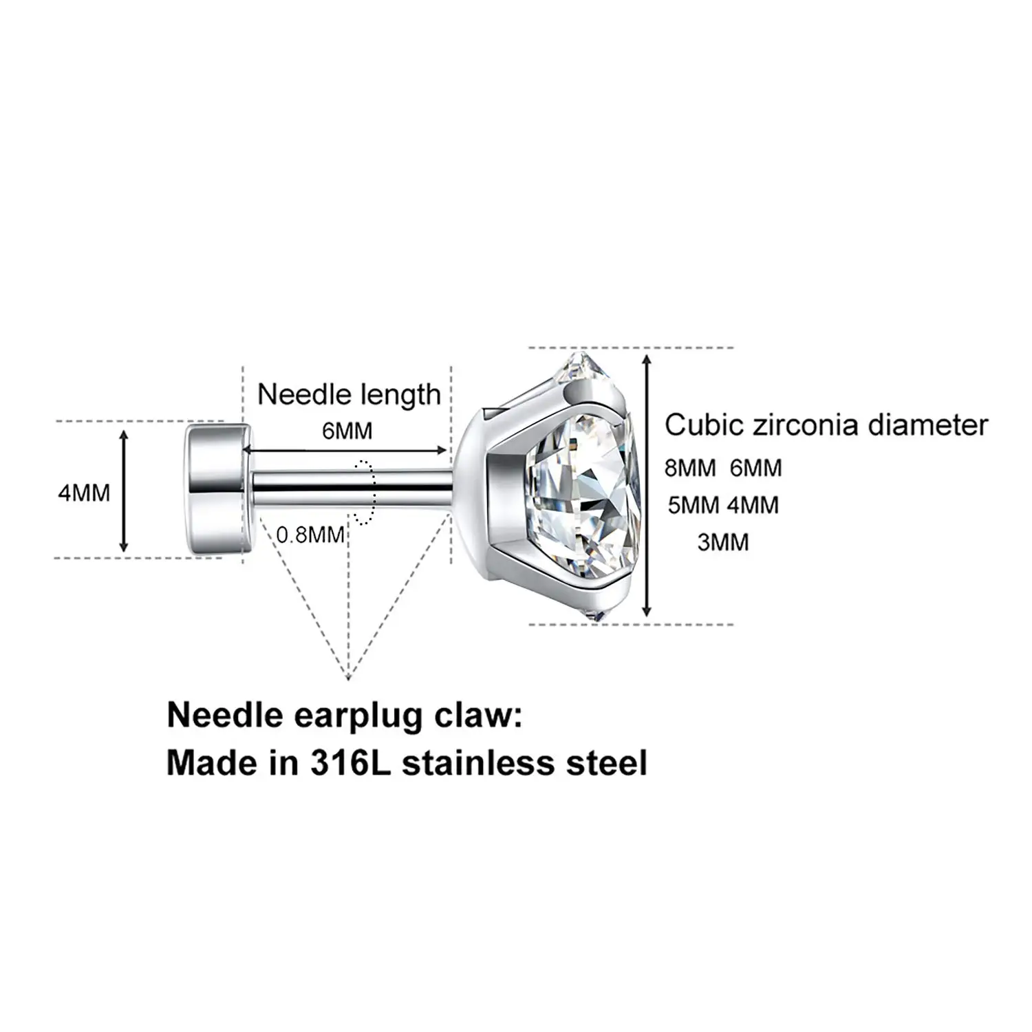 Male Female Universal Earrings Round 3A Double Zircon Earrings Titanium Steel Round Stainless Steel Fine Needle Earrings Set