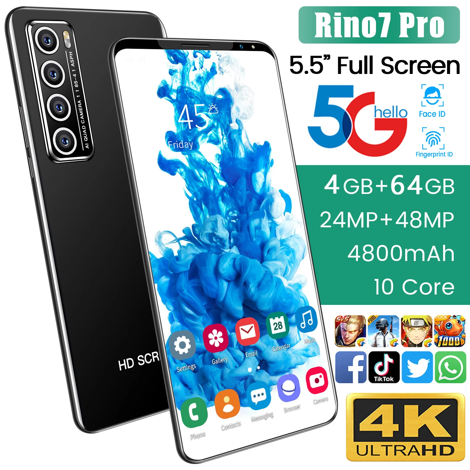 

2021Global Version RINO7 Pro 5.5 Inch Smartphone Full Screen 4800mAh 10 Core 24+48MP 4G+64G Dual SIM Cellphones Celular 5G Phone