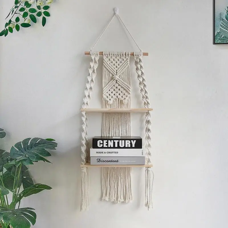 

Boho Wall Shelf Wall Mount Woven Plant Hanger Wood Bohemian Plant Decor Shelf Macrame Wall Hanging Shelves for Living Room