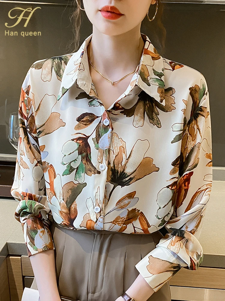 

H Han Queen 2023 New Casual Top Fashion Autumn Print Shirt Long Sleeve Blouse Simple Basics Woman Vintage Elegant Loose Blouses