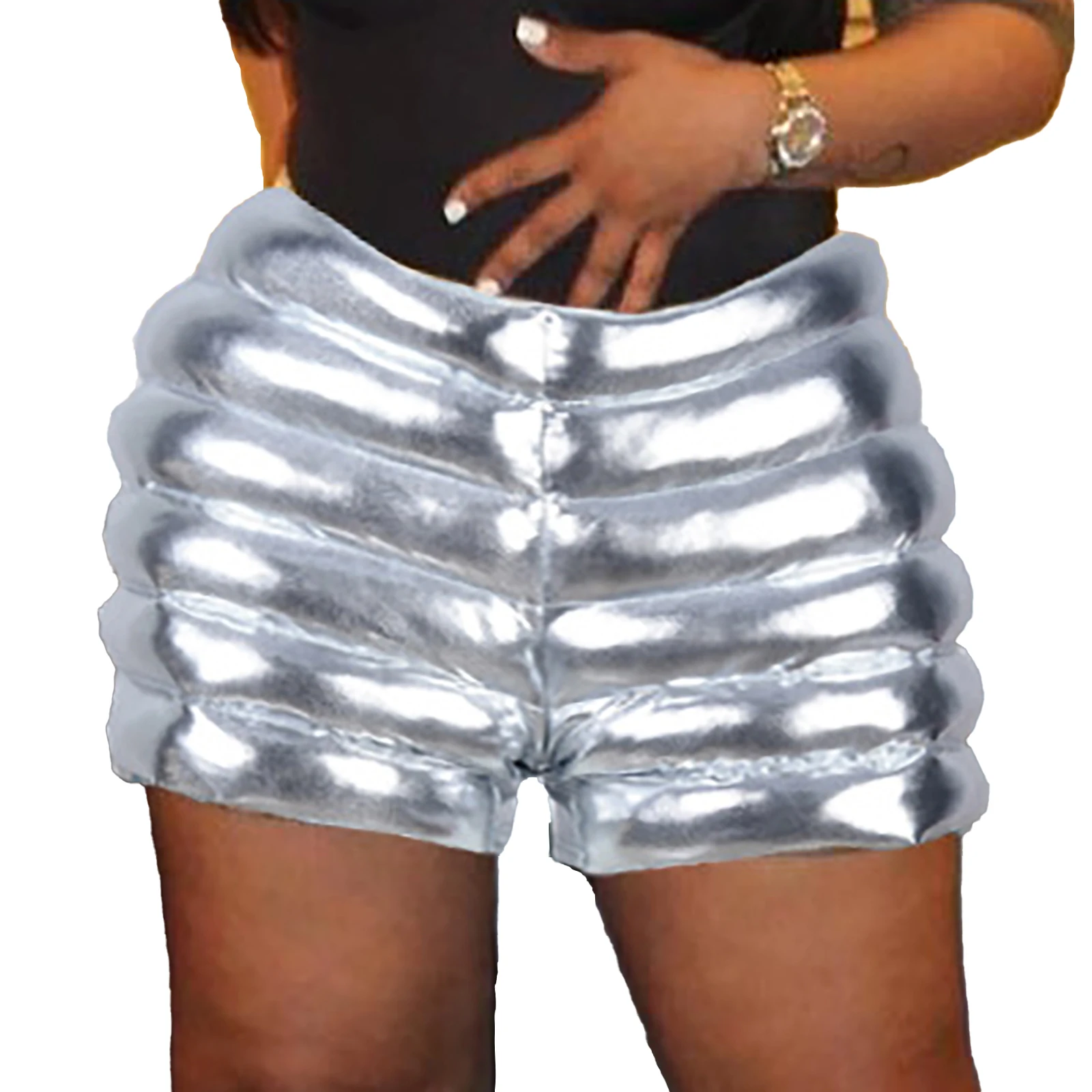 

Womens Metallic Shiny Quilted Shorts Mid Waist Back Invisible Zipper Hot Pants for Music Festival Carnival Club Pole Dancing Pub