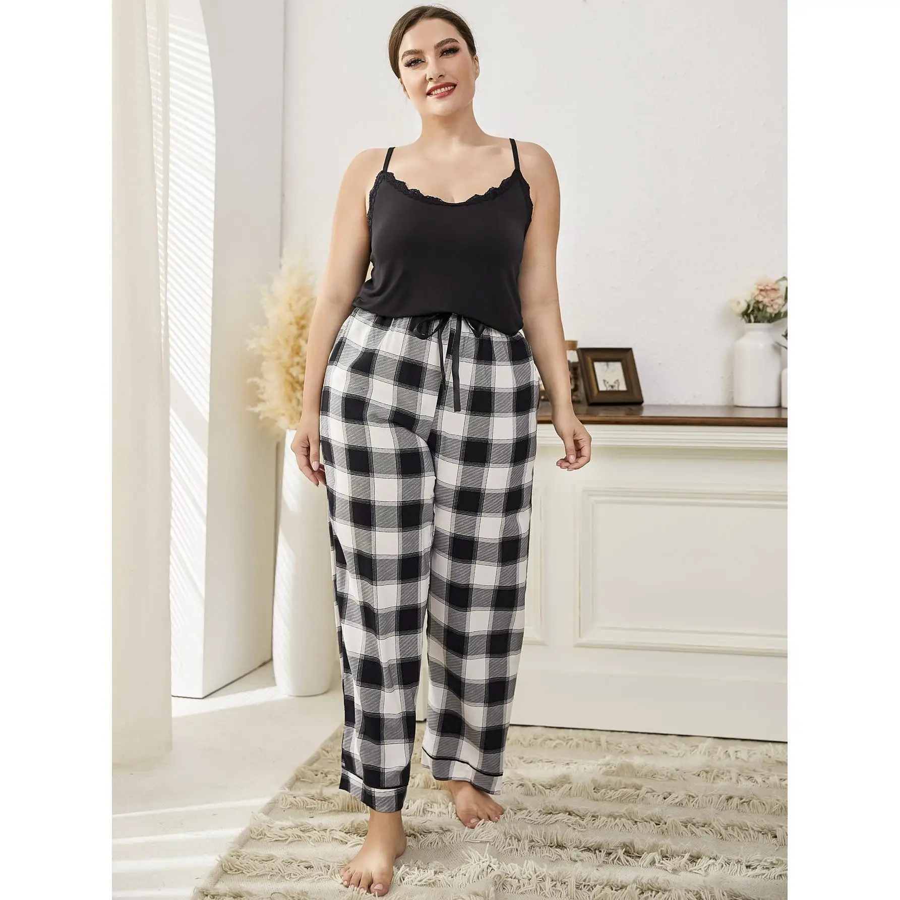 

Camisole Sleepwear Women Pajama Sets Plaid Trousers Pijama Plus Size Feminino Loungewear Summer Sets Womens Outfits Free Ship