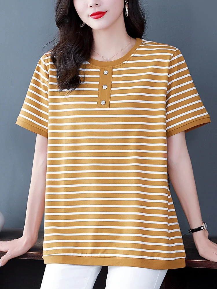 Летняя одежда для пожилых людей футболка в полоску из чистого хлопка женская с