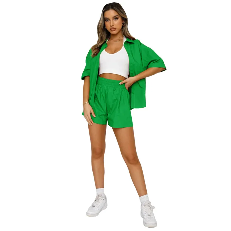 

Summer new cross-border European and American two-piece solid color single-breasted short-sleeved lapel shirt shorts fashion ca