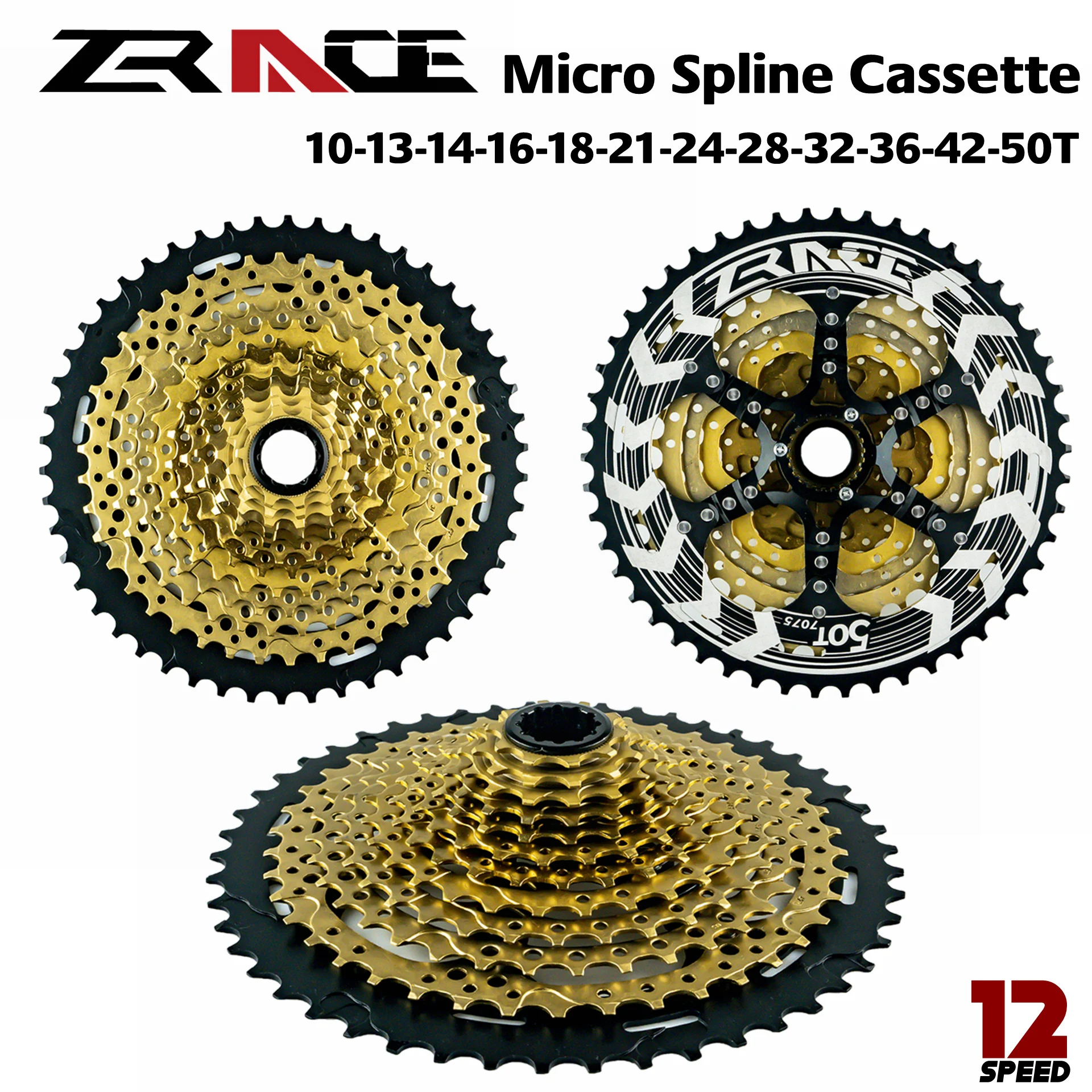 

ZRACE For Gold 12s Micro Spline Cassette 12 Speed MTB Bike Freewheel 10-50T-Gold, For M9100/M8100/M7100 For Microspline Freehub