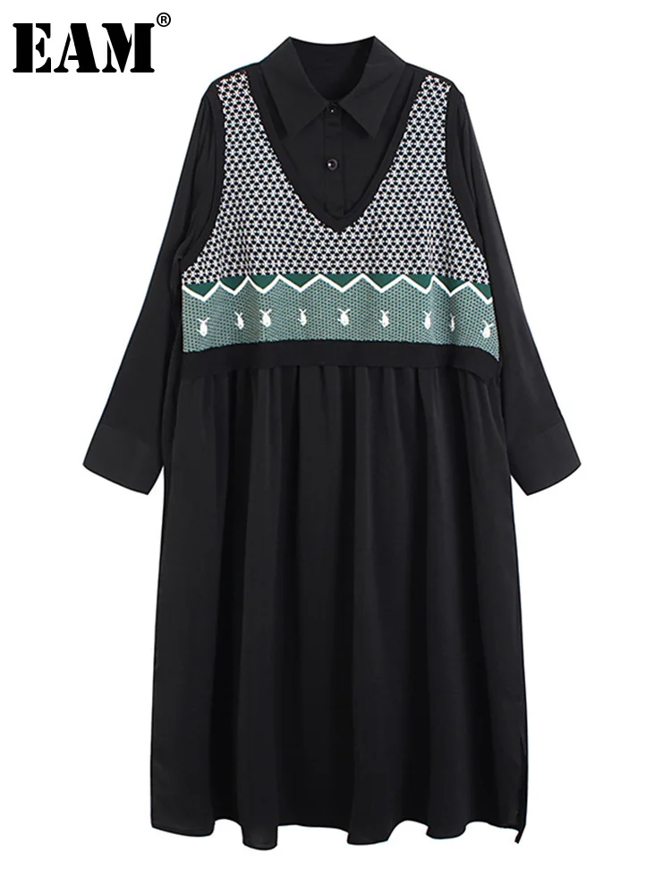 

[EAM] Women Green Knitting Big Size Long Shirt Dress New Lapel Long Sleeve Loose Fit Fashion Tide Spring Autumn 2022 1DE7839