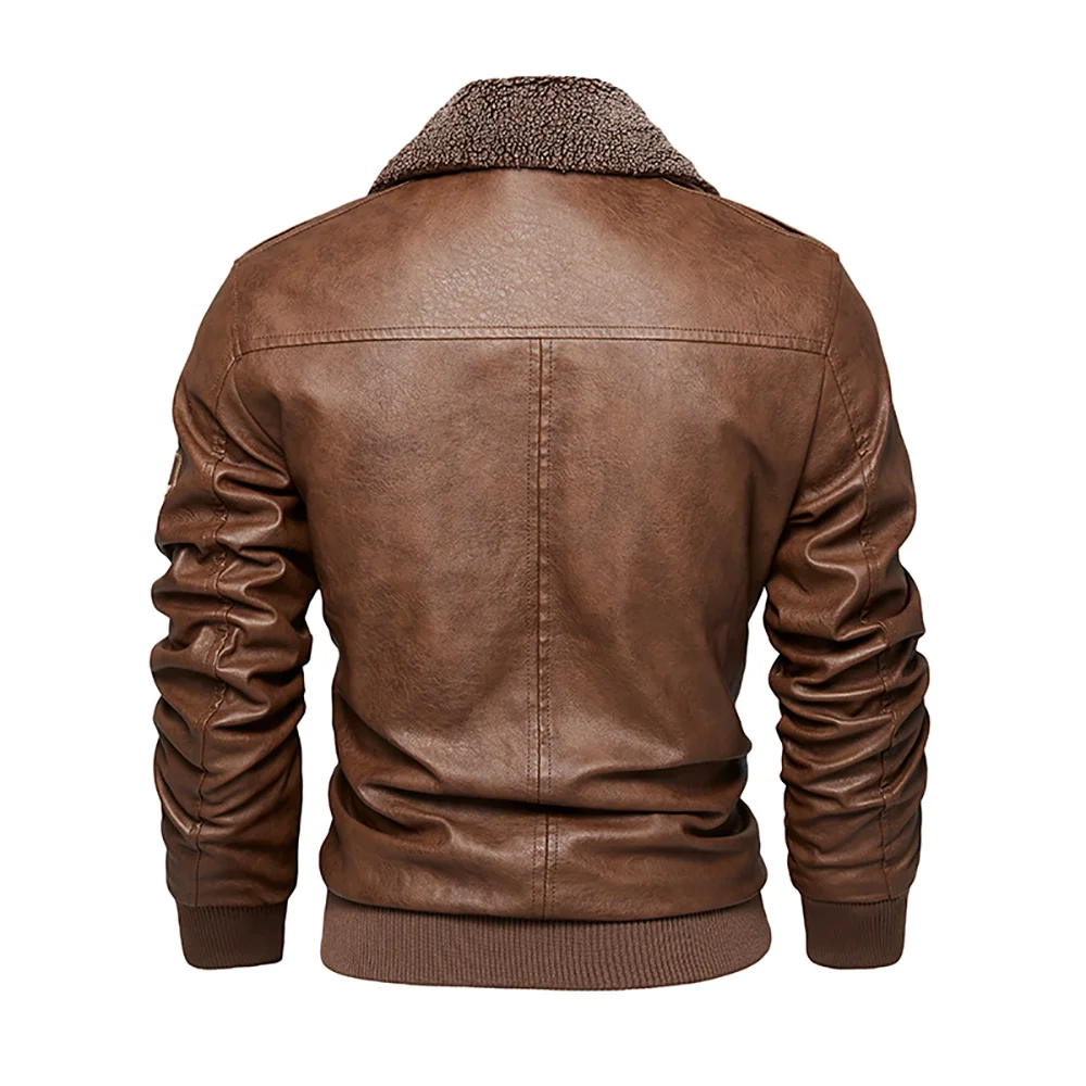 

JG-2376 Men's Lapel Multi-pocket Motorcycle Zipper Leather Fleece Jacket Fur Collar Detachable