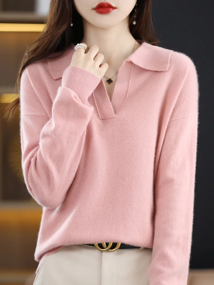 

Aliselect Fall Winter 100% Merino Wool Women's Knit Pullover Long Sleeve Sweater Solid Lapel Classic Top