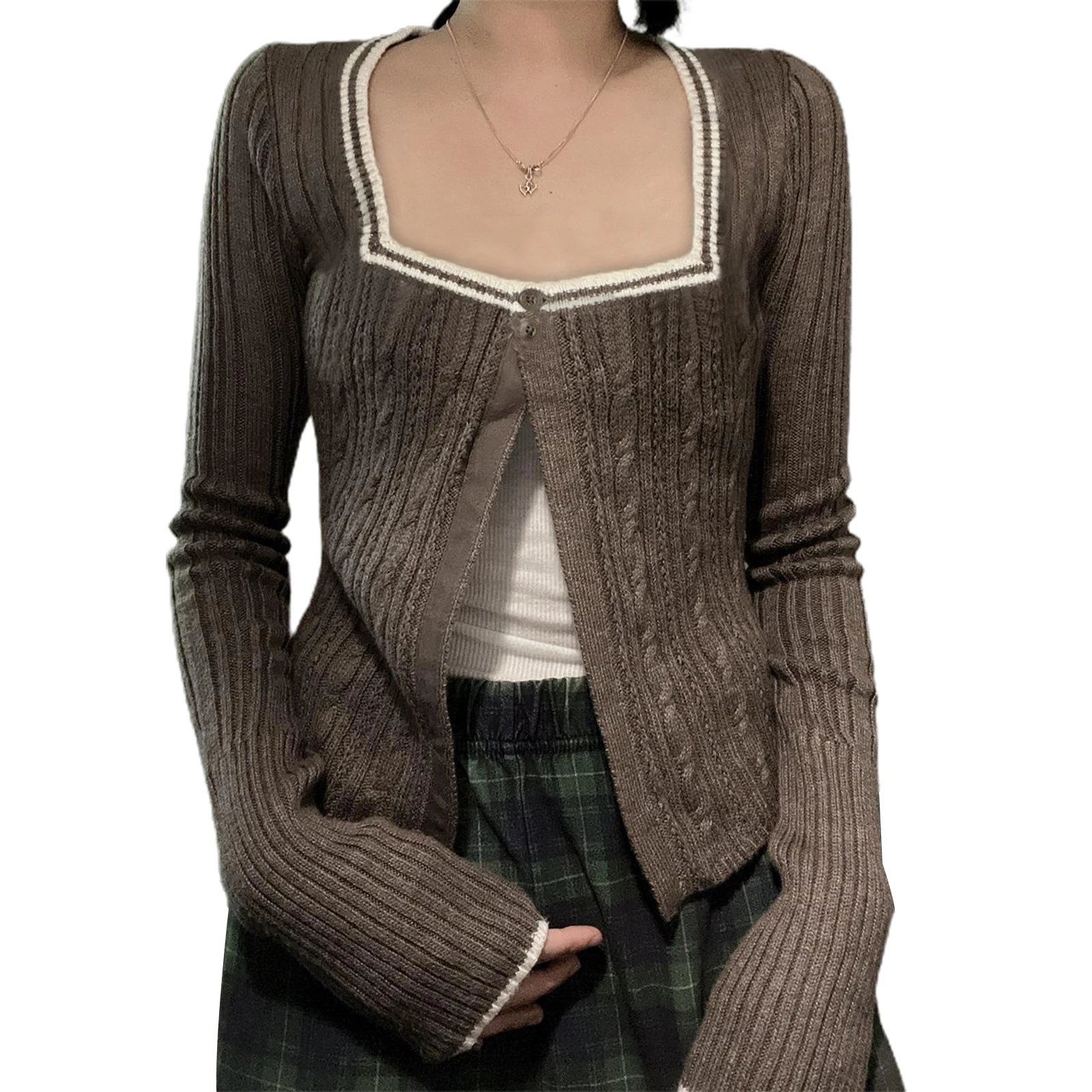 

Женский вязаный кардиган, винтажный свитер с длинным рукавом и квадратным вырезом, вязаный кардиган в стиле пэчворк, весна-осень