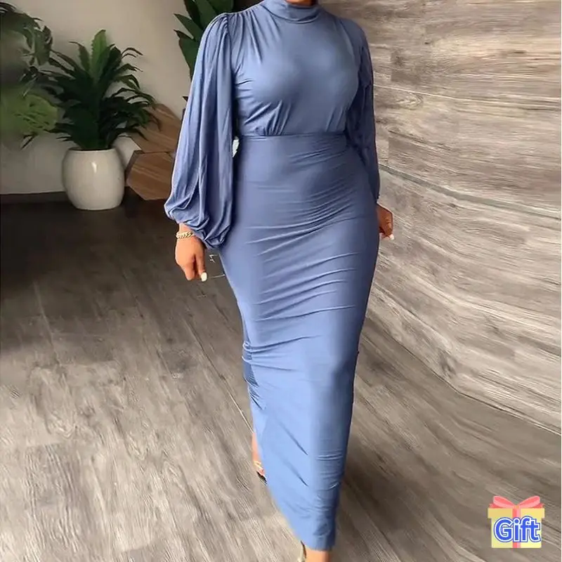 

2023 Spring Summer Long Sleeve Elegant Party Formal Occasion Dresses Women Office Bodycon Outfits Half Turtleneck Plus Size Blue