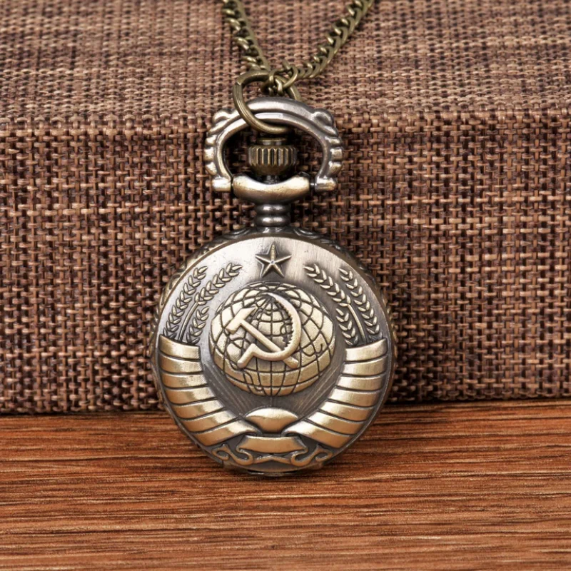 Soviet Sickle Hammer Style Quartz Pocket Watch Necklace Bronze Pendant Clock CCCP Russia Emblem Communism Top Gifts