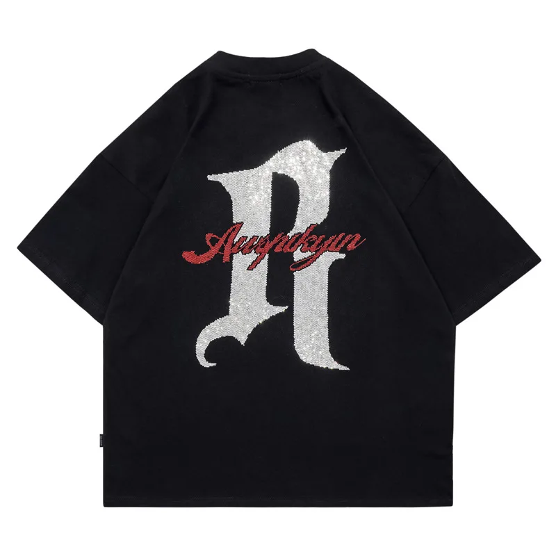 

Men T Shirt Hip Hop 2022 White Streetwear Letter Hot Drill Print Harajuku Summer Short Sleeve T-Shirt Cotton Tops Tees Oversize