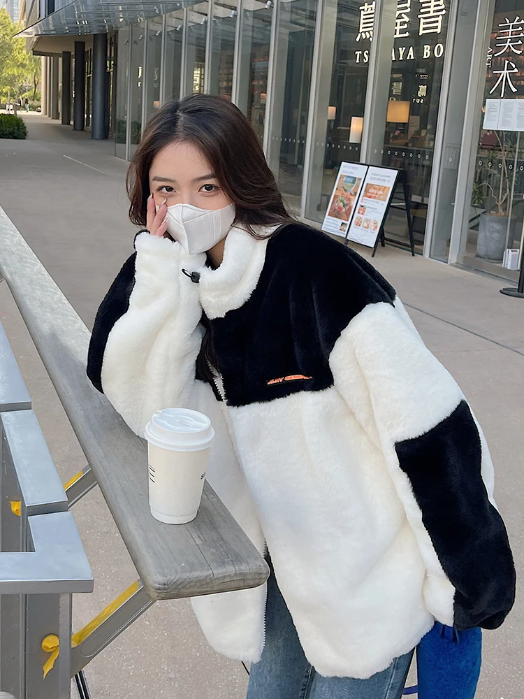 New Winter 2022 Women  Korean Fashion Loose Zipper Patchwork Jacket Casual Warm Faux Fur Long Sleeve Women's Coats Jackets F35