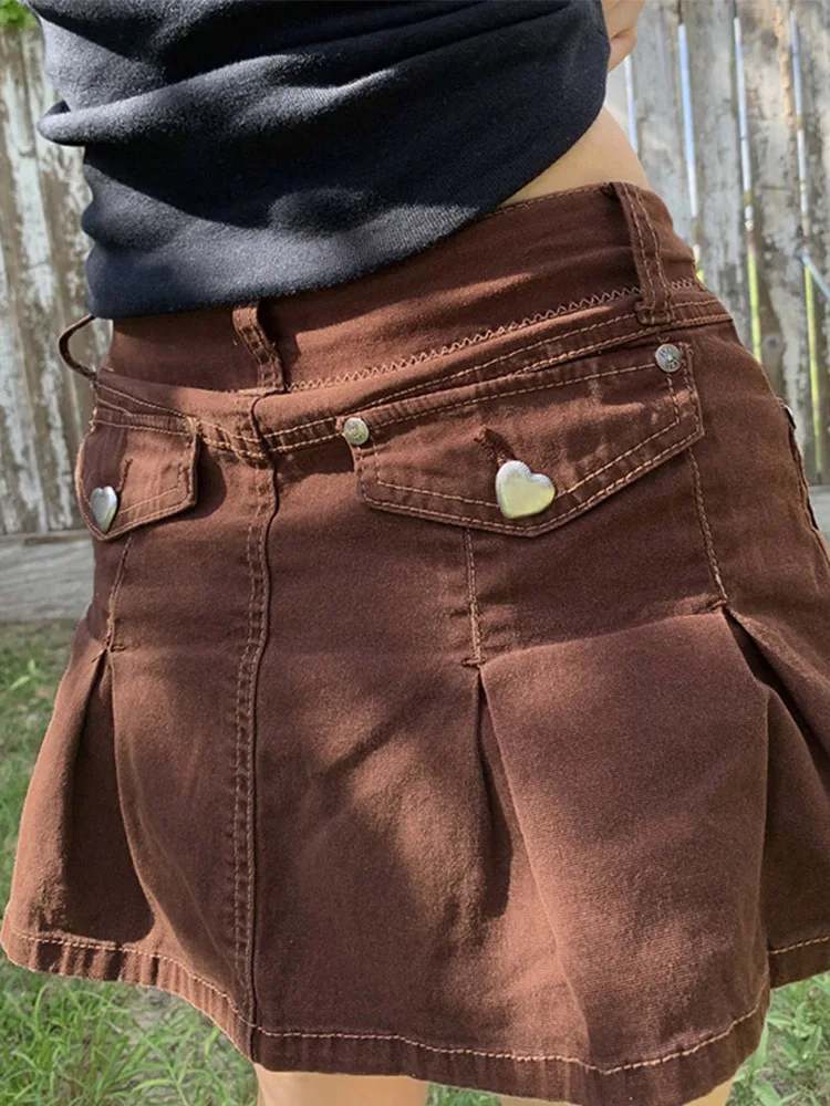 Retro Pleated Mini Denim Skirt Women High Waist A Line Brown Micro Skirt Femme Girls Hot Jeans Skirts Grunge Bottom Iamhotty