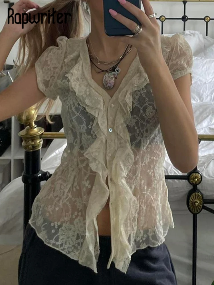 

Rapwriter Vintage Fungus Lace See-Trough Women Tops Chic Embroidery Short Sleeve T-Shirt Aesthetic Top y2k Fairycore Sweat Tee