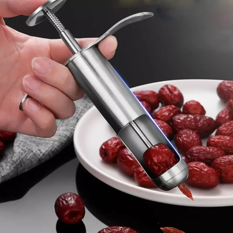 

2022New Jujube Pitter Stainless Steel Spring Push Style Cherry Olive Stoner Syringe Shape Manual Corer Seed Remover