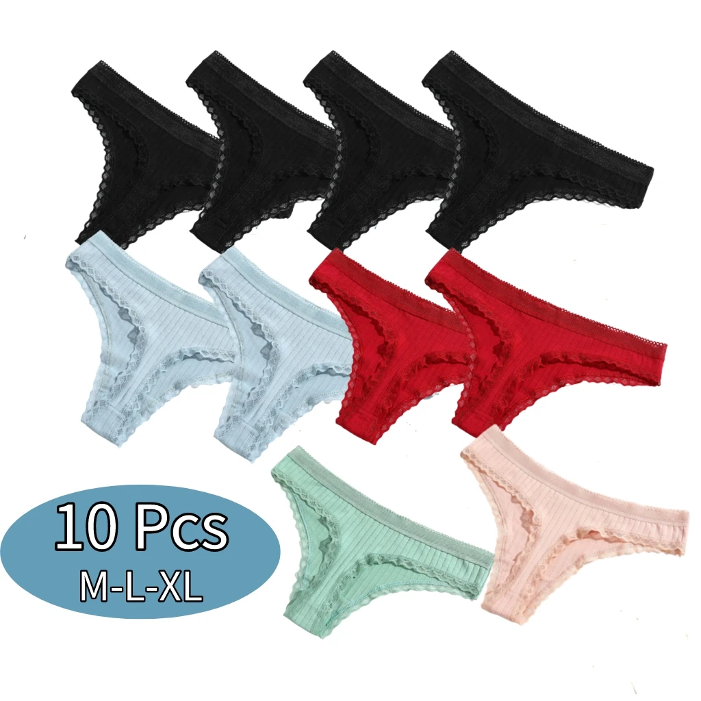 

5/10Pcs Women Cotton Thongs Panties Sexy Lingerie Lace Solid Low Rise Female G-string Breathable Underwear Seamless