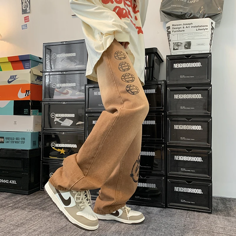 Джинсы мужские в стиле ретро классические брюки из денима прямые штаны с принтом