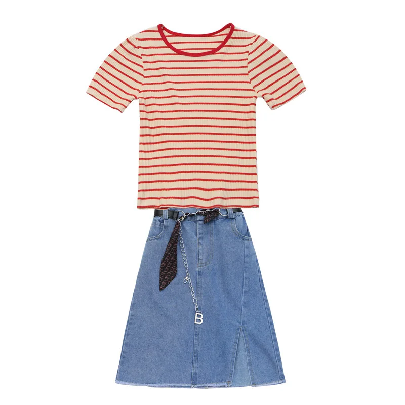 

Girls Fashion Sets Kids Summer Dress Striped Short Sleeve Denim Skirts 2 Piece Sets Children's Tops T-Shirts Baby Short Skirts