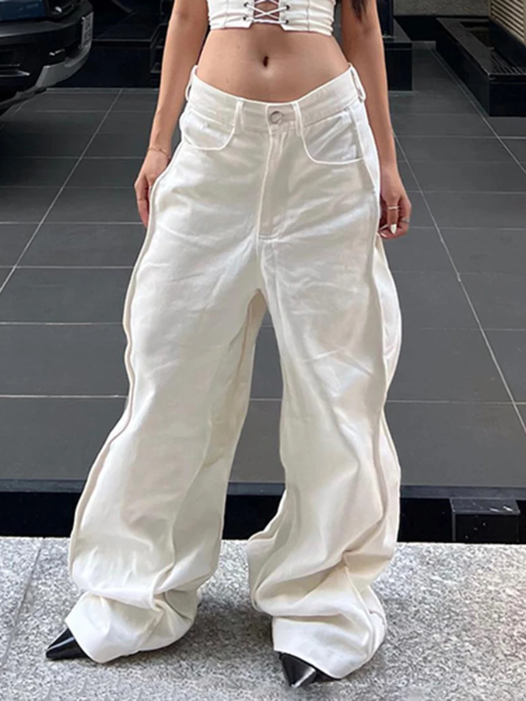WeiYao White Denim Wide Leg Cargo Pants Women Streetwear Korean Fashion Low Waist Straight Jeans Casual Loose Baggy Trousers