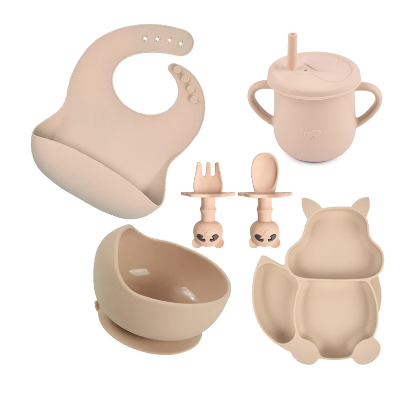 

6PCS/Set Baby Silicone Tableware Tools Kids Plate Plate/Tray Bibs Cup Sets Children Non-slip Dinnerware Dish Set BPA Free Babis