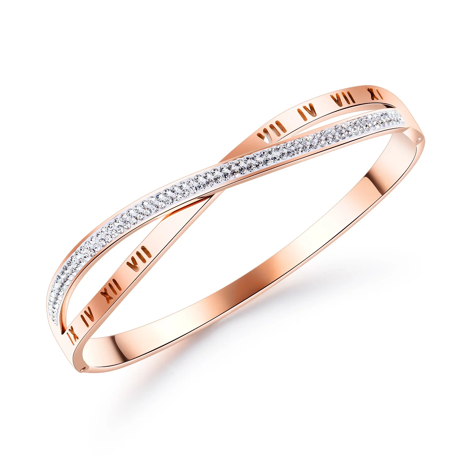 

Titanium Steel Rose Gold Plated Cross X Bracelet with Roman Numerals For Women
