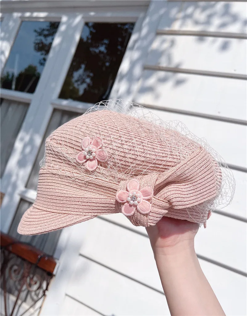 

202207-lulu dropshipping summer pink pearl flower mesh cute grass newsboy cap leisure lady Octagonal hat men women visors cap