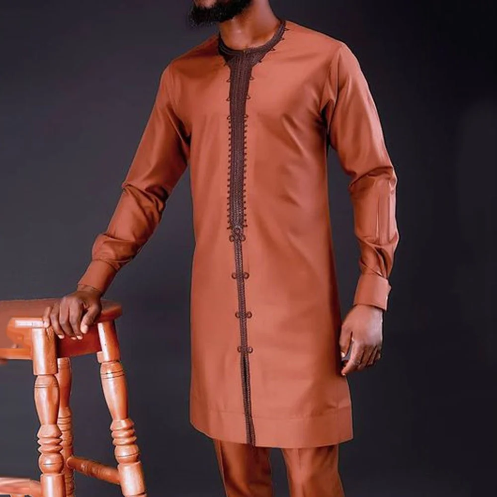 Africa Tops For Men Medium Long Men's Shirt Red Brown Ethnic Style Long Sleeve Shirt O-neck Dubai Arabic Tops Men Clothing