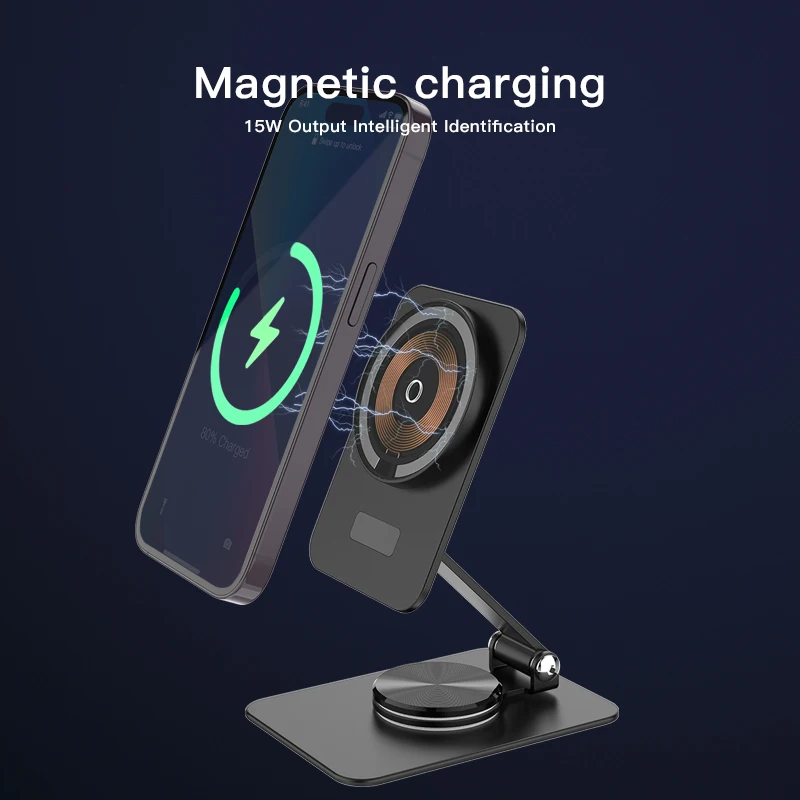 15W Magnetic Wireless Charger 360° Rotatable Metal Stand for iPhone 14 Plus 13 12 Pro Max Mini Phone Foldable Wireless Charging