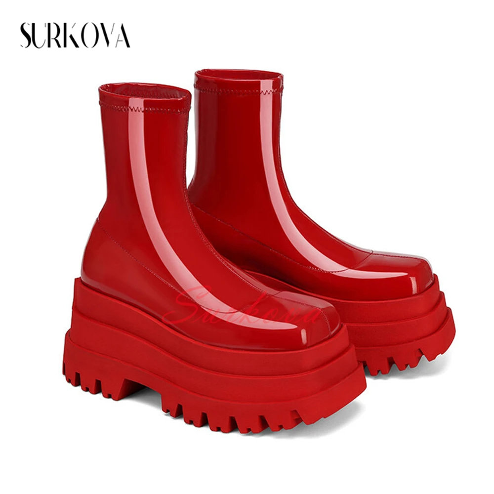 Women's Solid Color Patent Leather Platform Boots Round Toe Slip On Ankle Boots Ladies Fashion Boots Casual Shoes for Women New