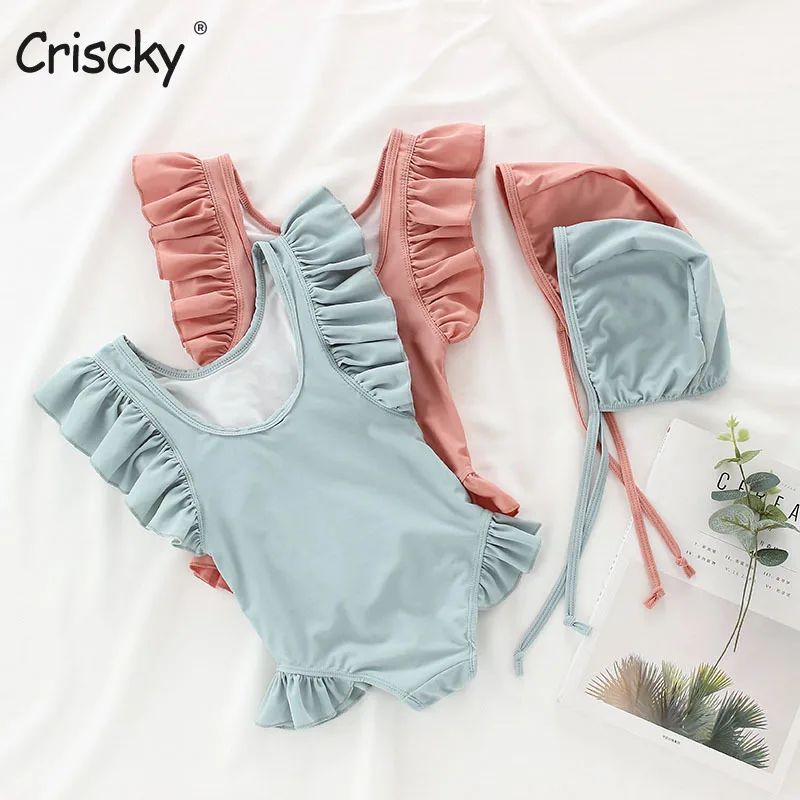 

Criscky Toddler Baby Kids Children Girls Sleeveless Solid Ruffle One-Piece Suits Bikini Swimsuit Bathing Beach Outfits
