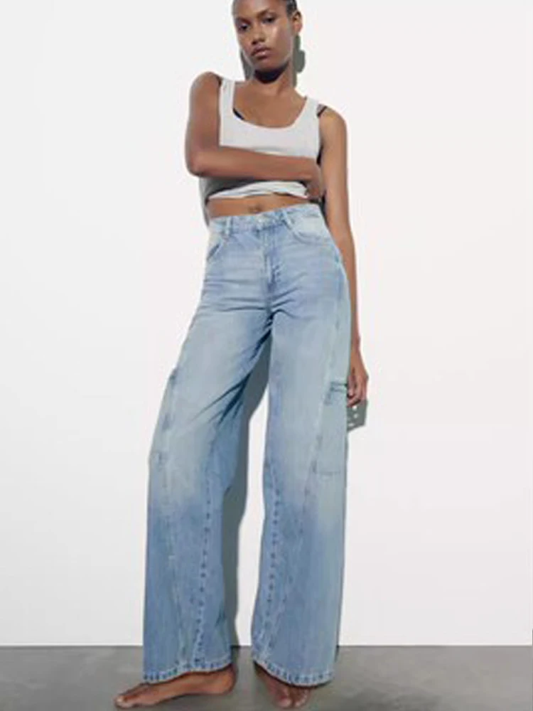 

PB&ZA summer new women's cargo jeans tall waist leisure fashion straight canister blue wide-legged pants