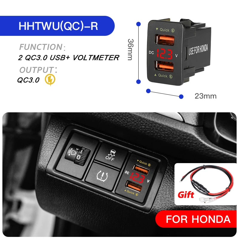 

Автомобильное зарядное устройство, DC12V-24V а, с дисплеем напряжения, с двумя разъемами USB, для автомобилей Honda QC3.0